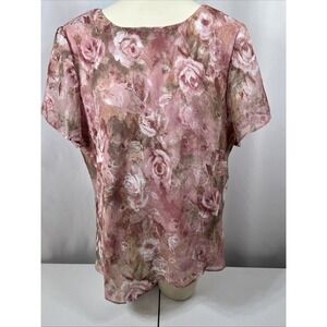 Sag Harbor Pink‎ Rose Floral Blouse Sheeer Asymytrical Hem Size 18 Tall